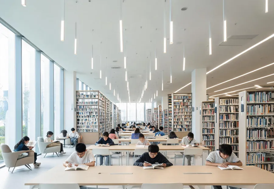 School library with comfortable linear lighting