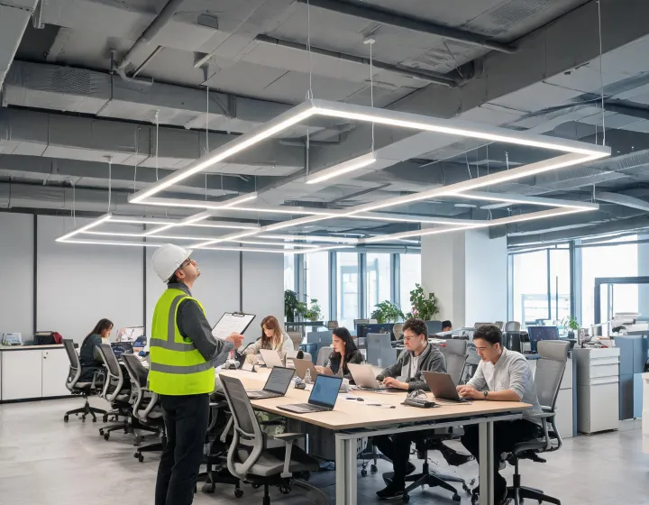 Commercial linear luminaires installed above a collaborative office