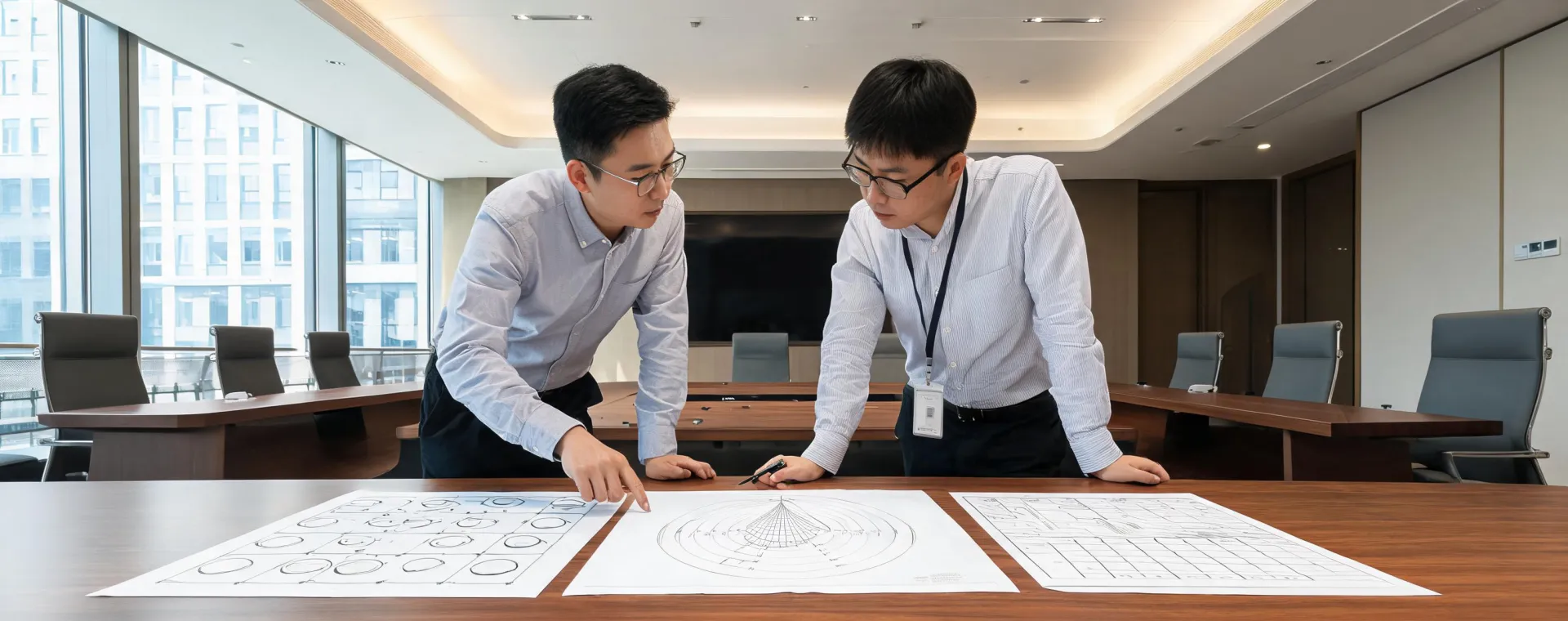 Lighting designer and electrical contractor reviewing photometric plans